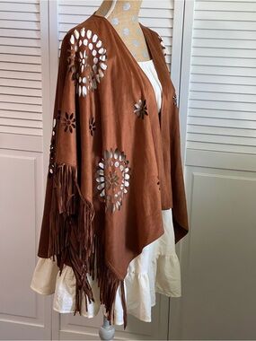 Apparel Love fake suede, shawl, wrap, scarf western fringe brown